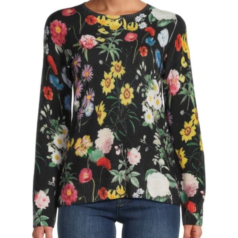 Saks Cashmere Floral Crewneck Sweater